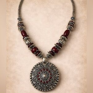 Burgundy & Silver Boho Medallion Statement Necklace